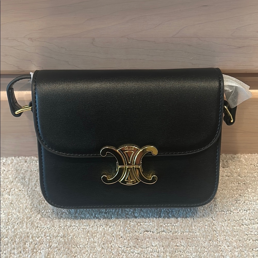 Celine Iconic Triumph Black Leather Crossbody Bag